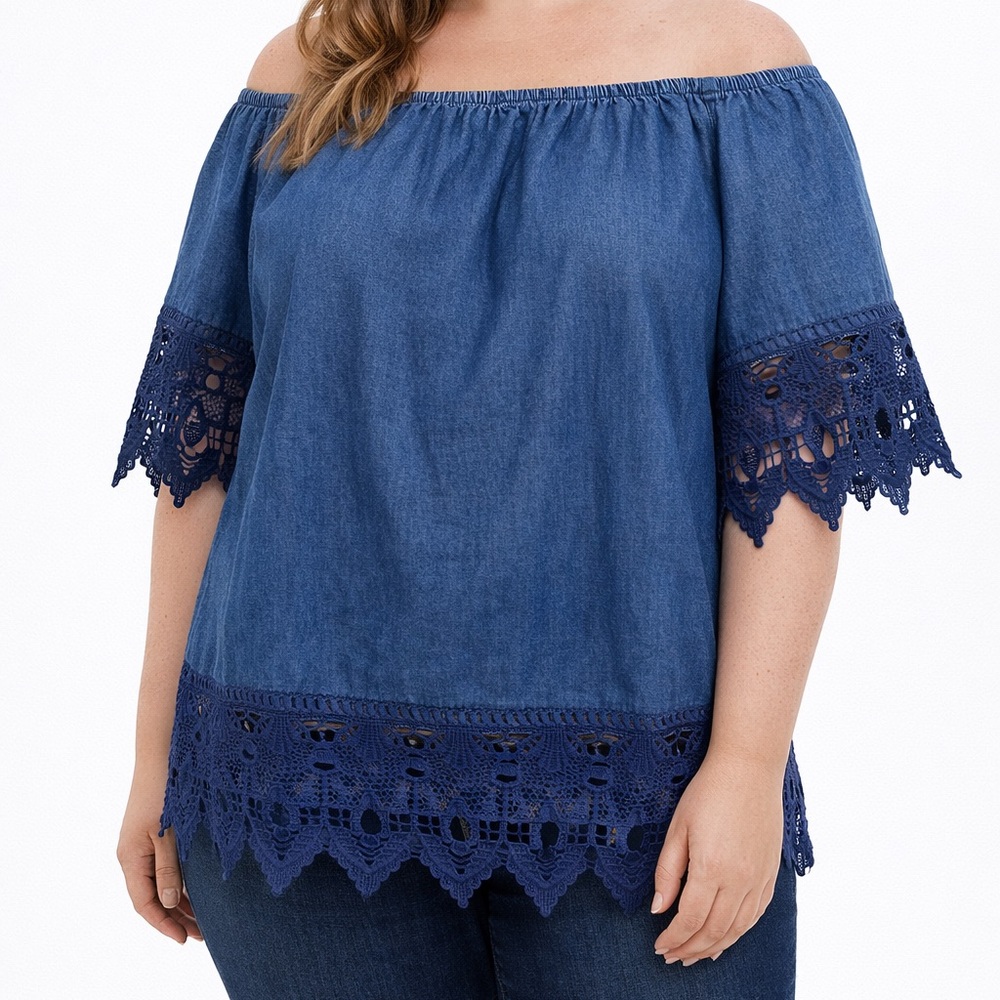 Taxi Denim Crochet Hem On/Off-Shoulder Blouse Size 2x top